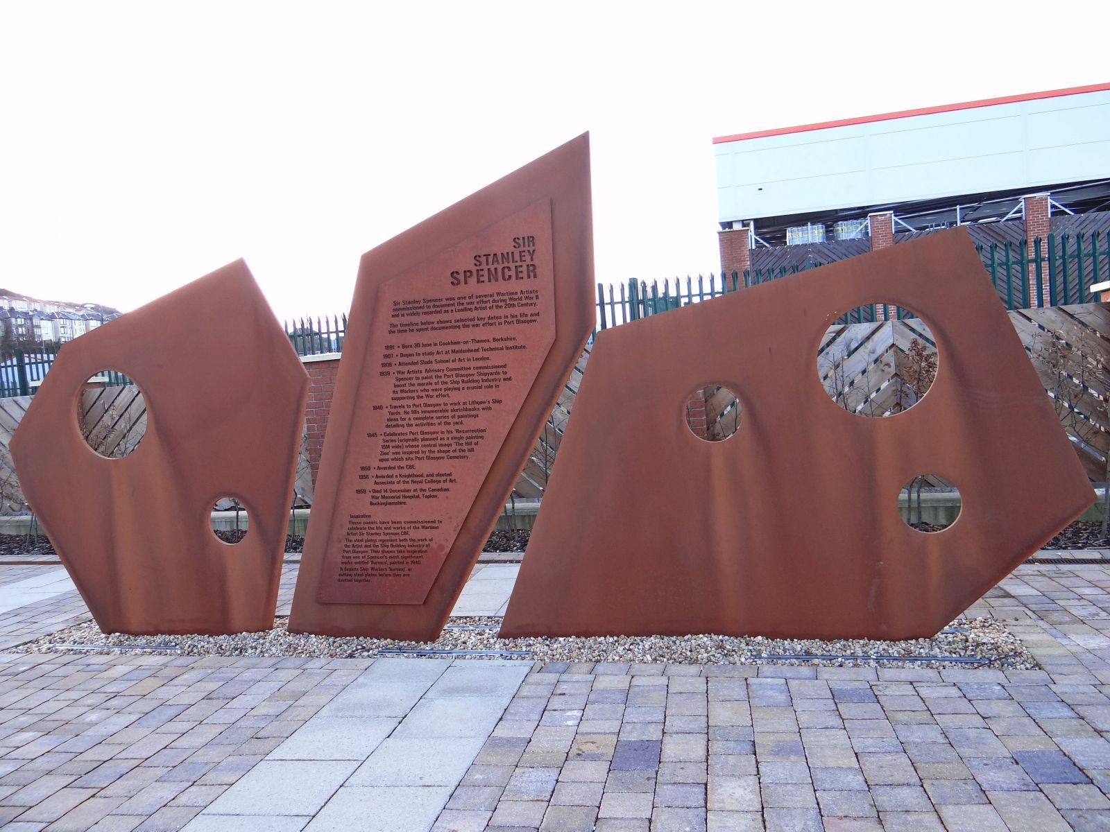 Sir Stanley Spencer - B&Q Carpark – Port Glasgow 2014  Commemorating the life and works of Sir Stanley Spencer – War Artist who also did paintings within shipyards.